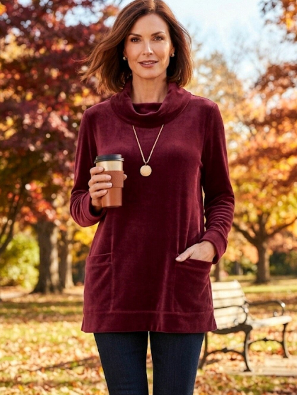 Coldwater Creek Burgundy Velour Cowlneck Tunic Top Size Medium